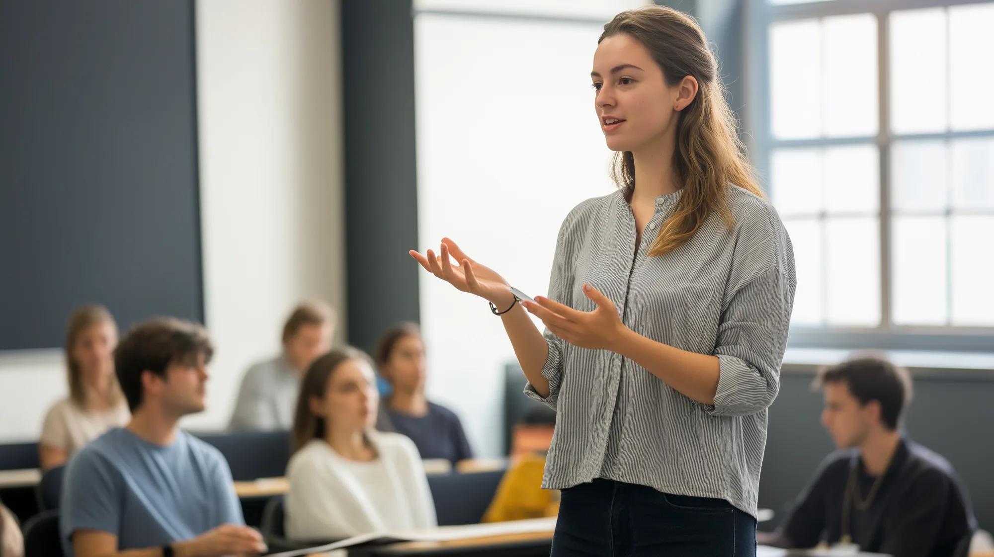 Intervenante présentant son métier devant des étudiants